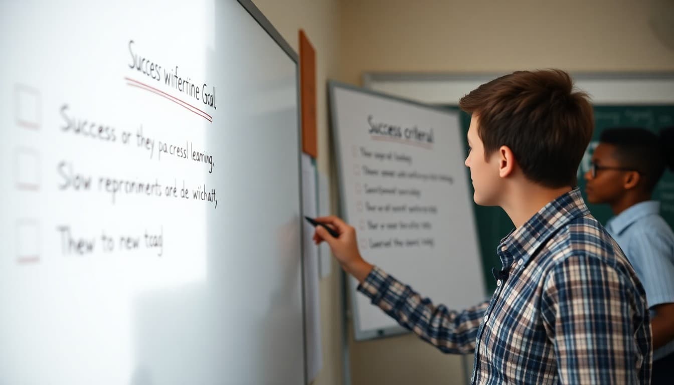 Teacher writing success criteria checklist on whiteboard alongside the day's learning goal