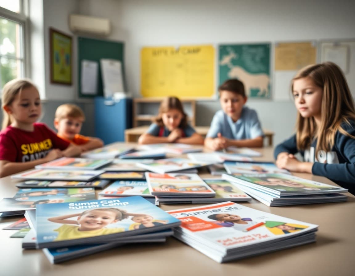 Summer camp brochures and information packets spread on a table