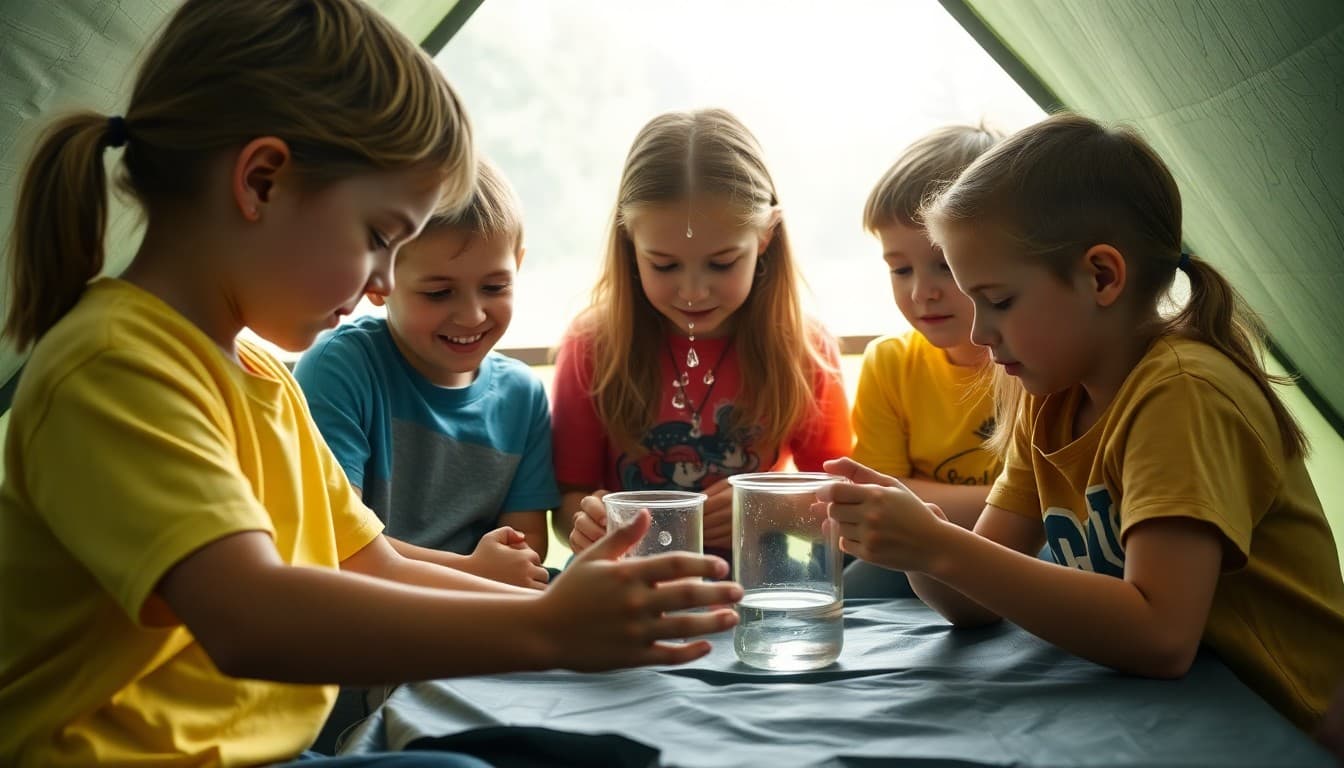 Children at outdoor summer camp doing a science experiment in a tent