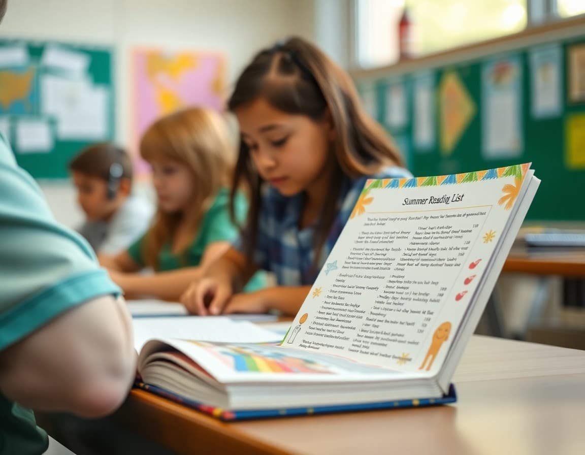 Summer reading list printed on colorful paper with a beach-themed border