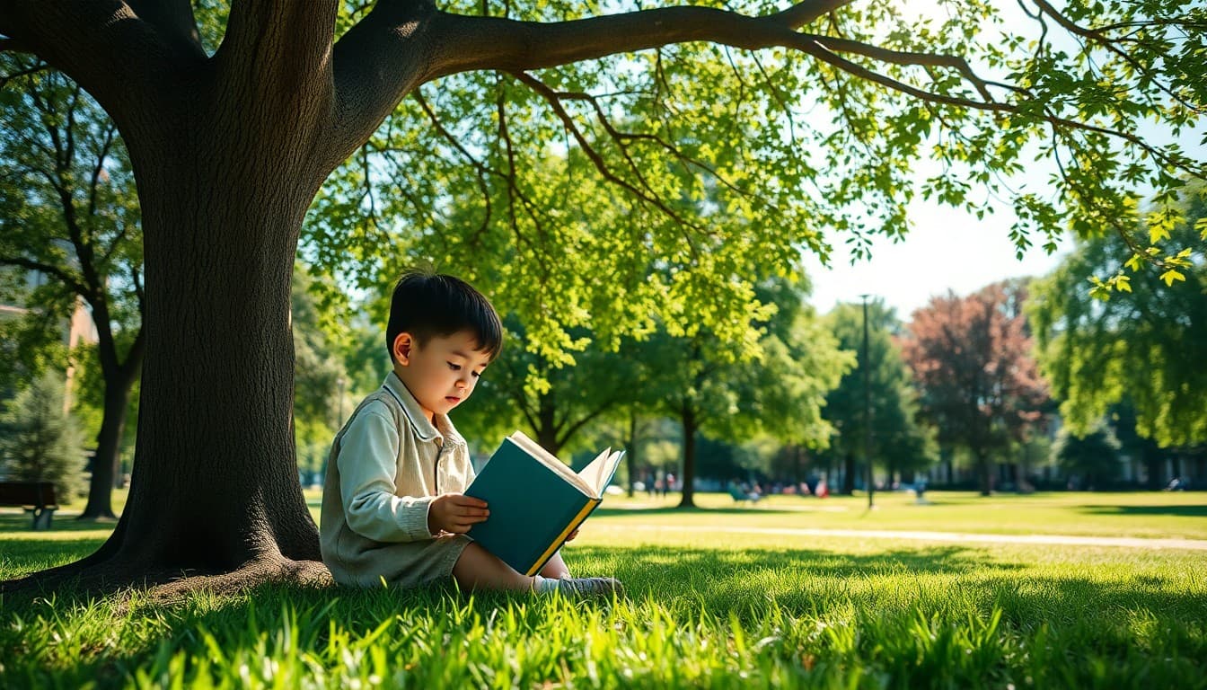 Child reading a book in a hammock outside during summer vacation