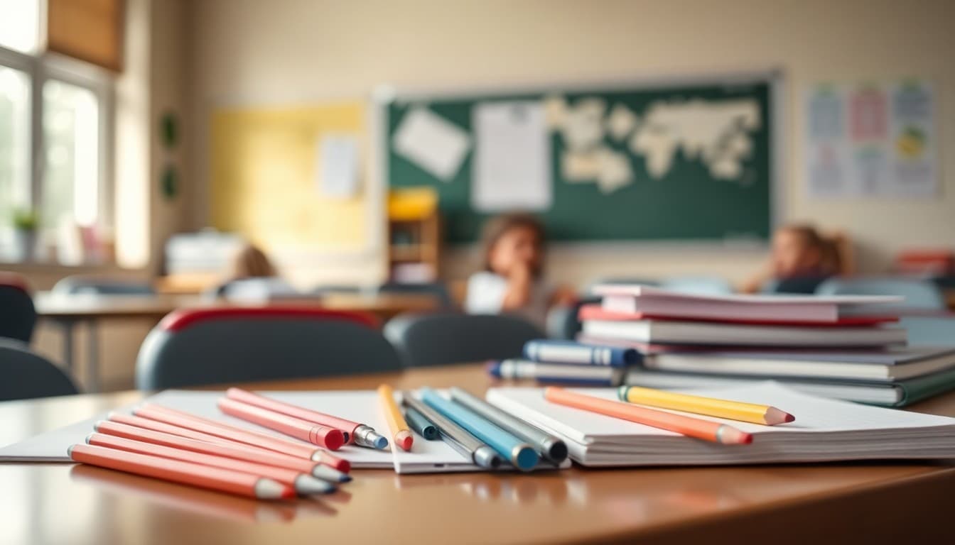 Organized school supplies including pencils, folders, and notebooks laid out on a classroom table