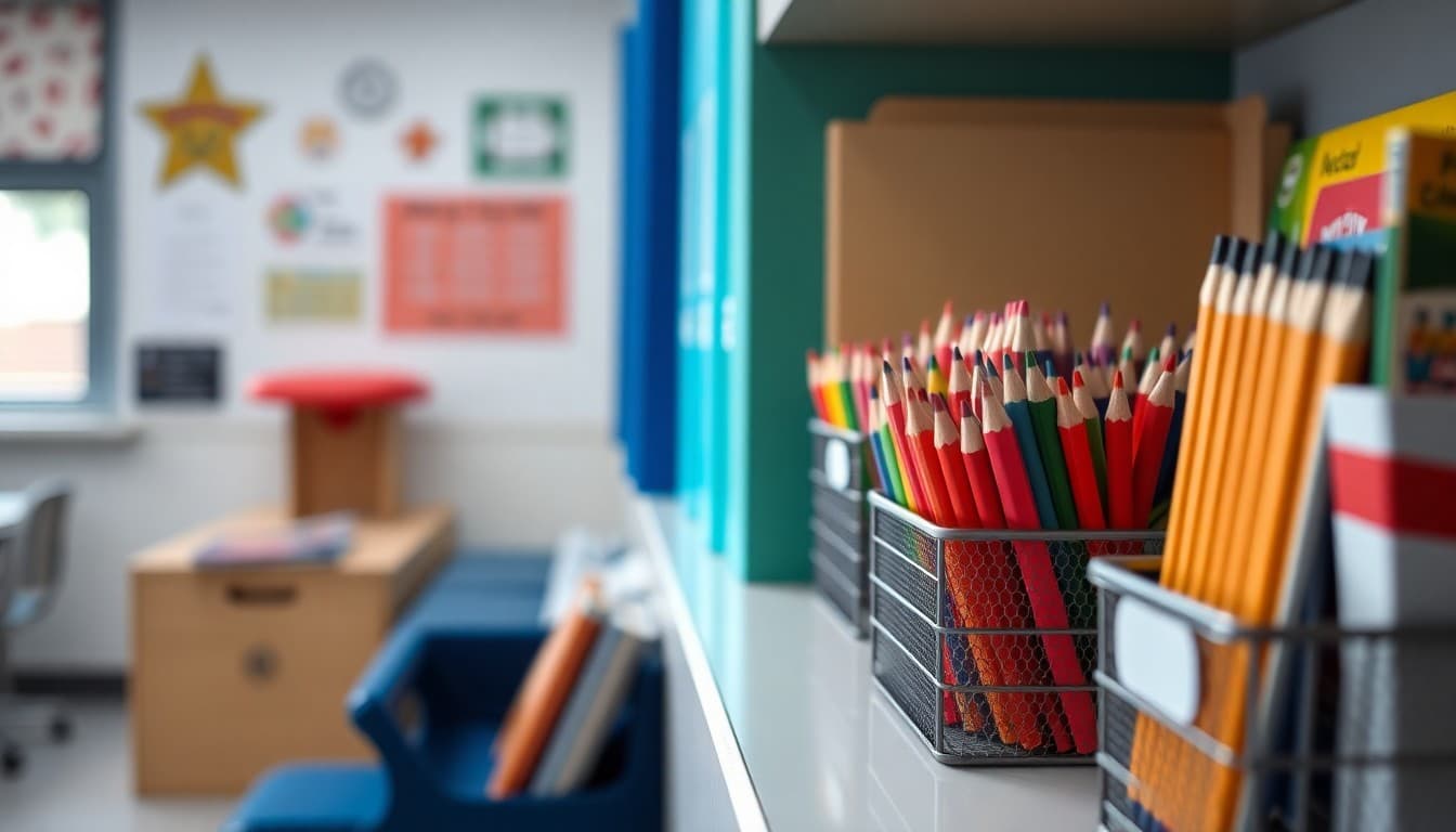 Classroom supply shelf with pencils crayons and folders neatly organized