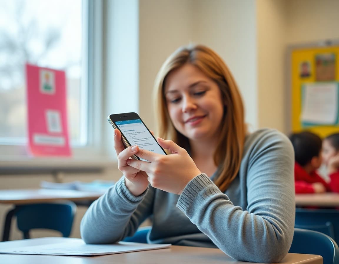 Parent completing a short survey on a phone after receiving a teacher newsletter