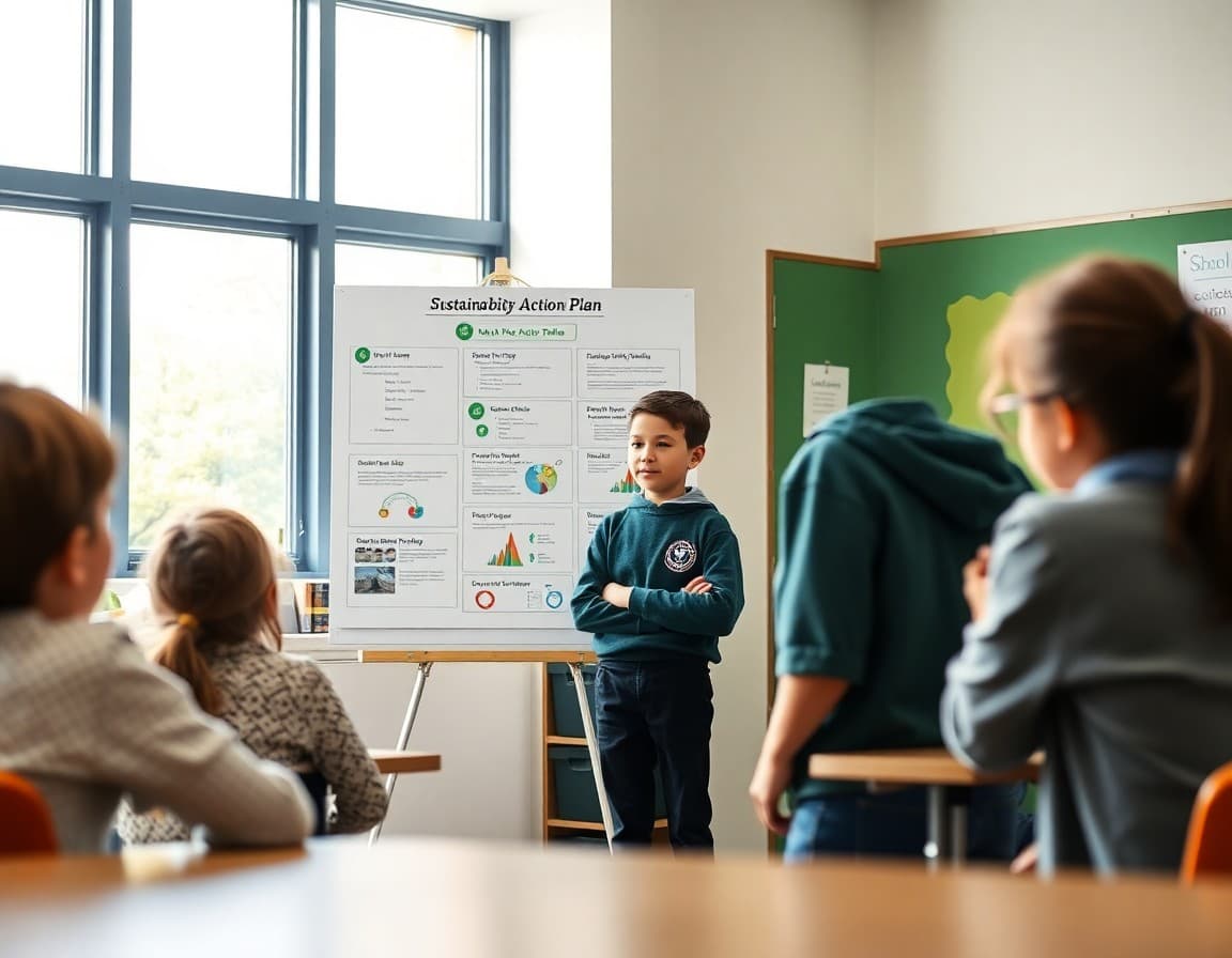 Student presenting a sustainability action plan on a poster board to classmates