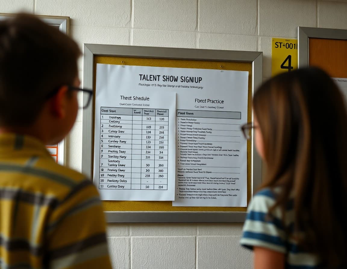 Talent show signup sheet and practice schedule on a classroom bulletin board