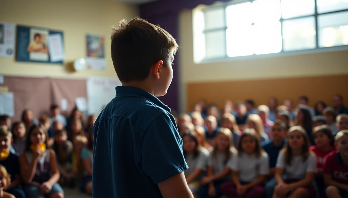 Student performing on stage at a school talent show with spotlight and audience