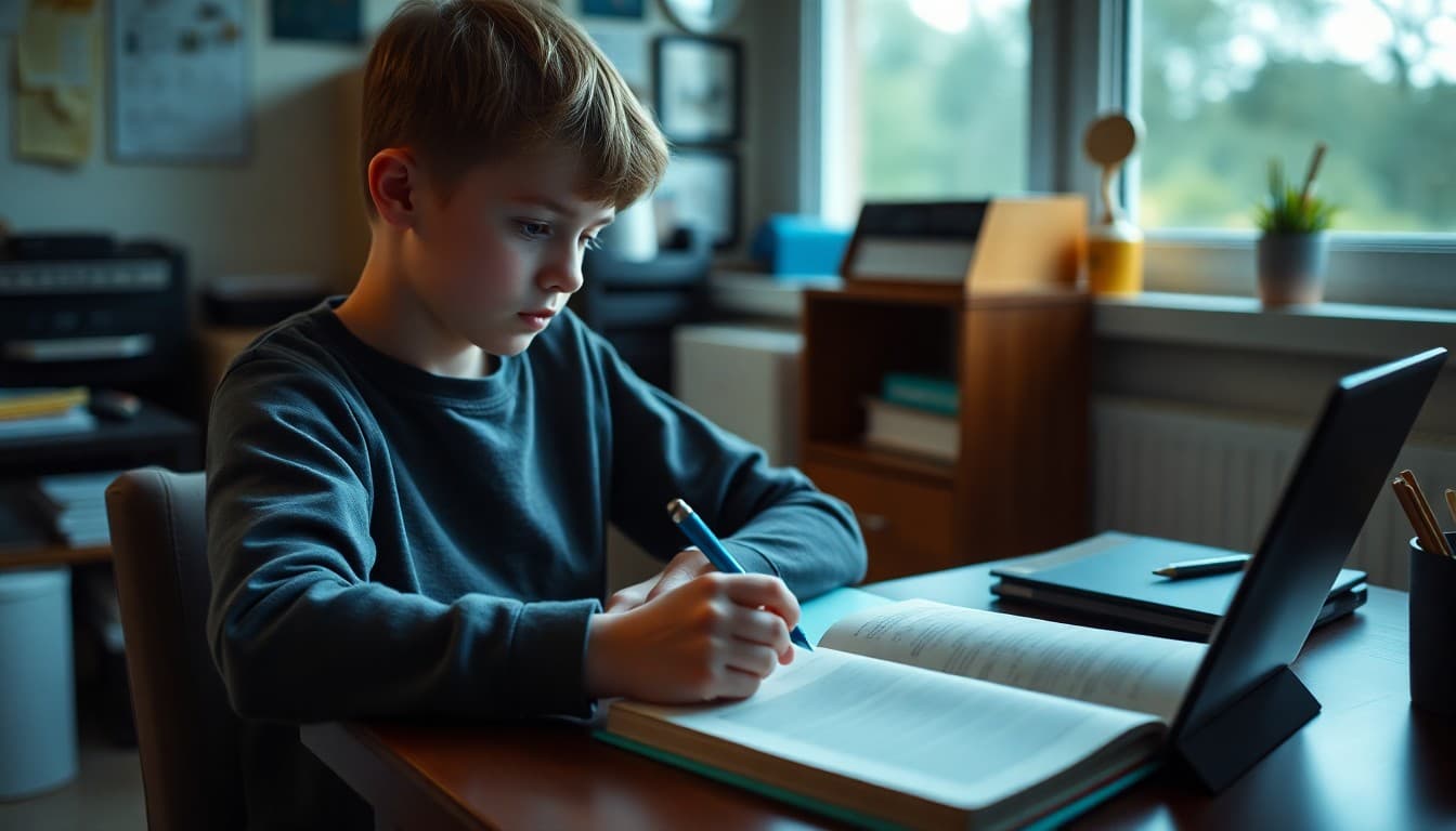 Student studying at a desk at home with notes and a textbook open