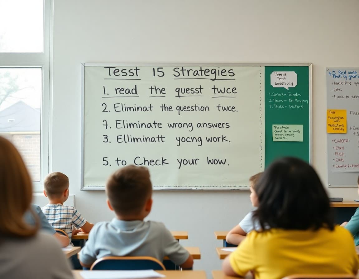Classroom anchor chart showing test strategies including read the question twice, eliminate wrong answers, and check your work