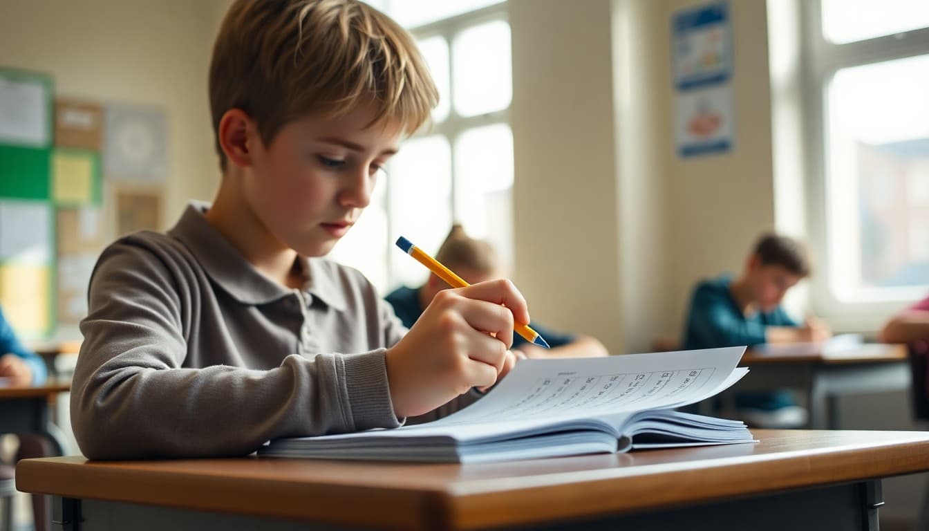 Student carefully reading a test paper at a desk, using process of elimination strategy with pencil