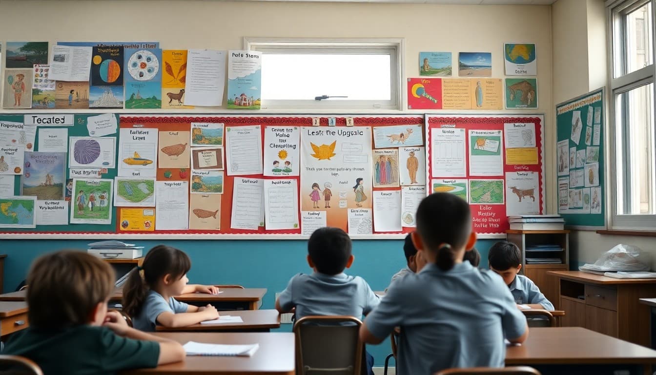 Classroom wall covered with thematic unit materials, student work, and vocabulary around a central theme