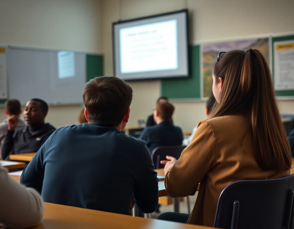 Classroom pairs of students discussing question on projected slide