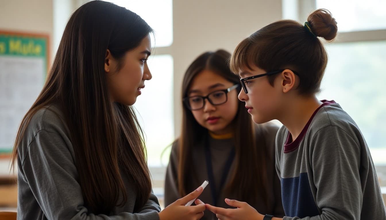 Two students leaning in to discuss an idea together during a think-pair-share activity