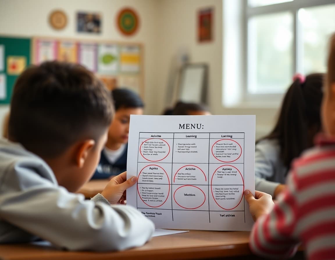 Student worksheet showing a tic-tac-toe learning menu with three activities circled