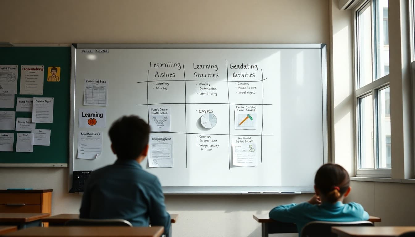 A nine-cell tic-tac-toe grid of learning activities posted on a classroom whiteboard