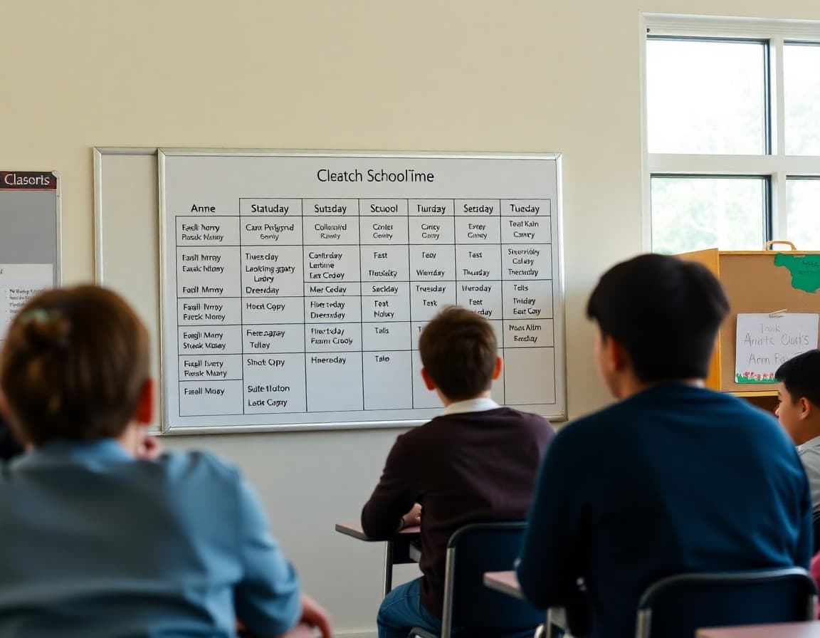 Classroom schedule posted on a wall with visual timers and student task checklists