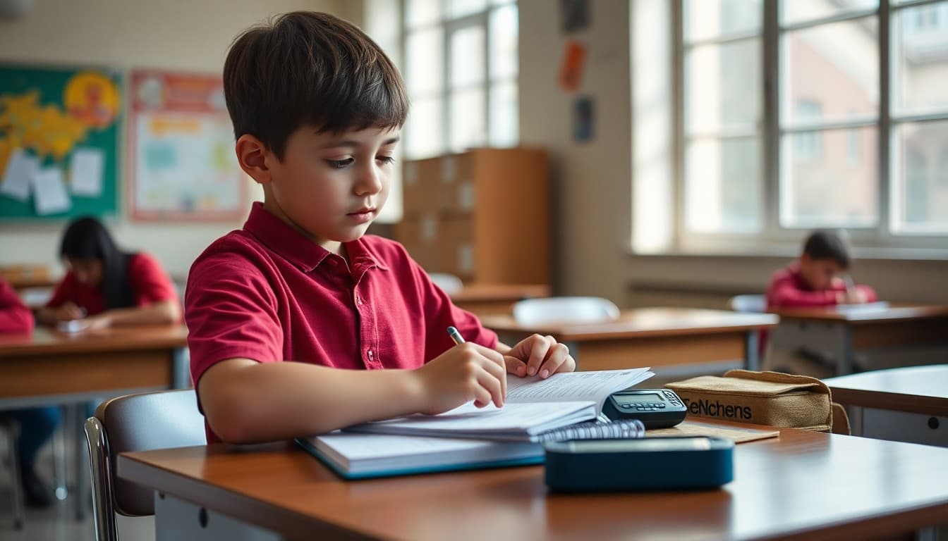 Student using a planner and timer to break a project into steps at a school desk