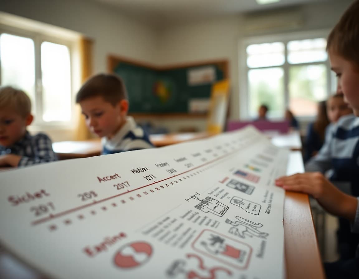 Close-up of a timeline project with dates, events, and illustrated details on paper