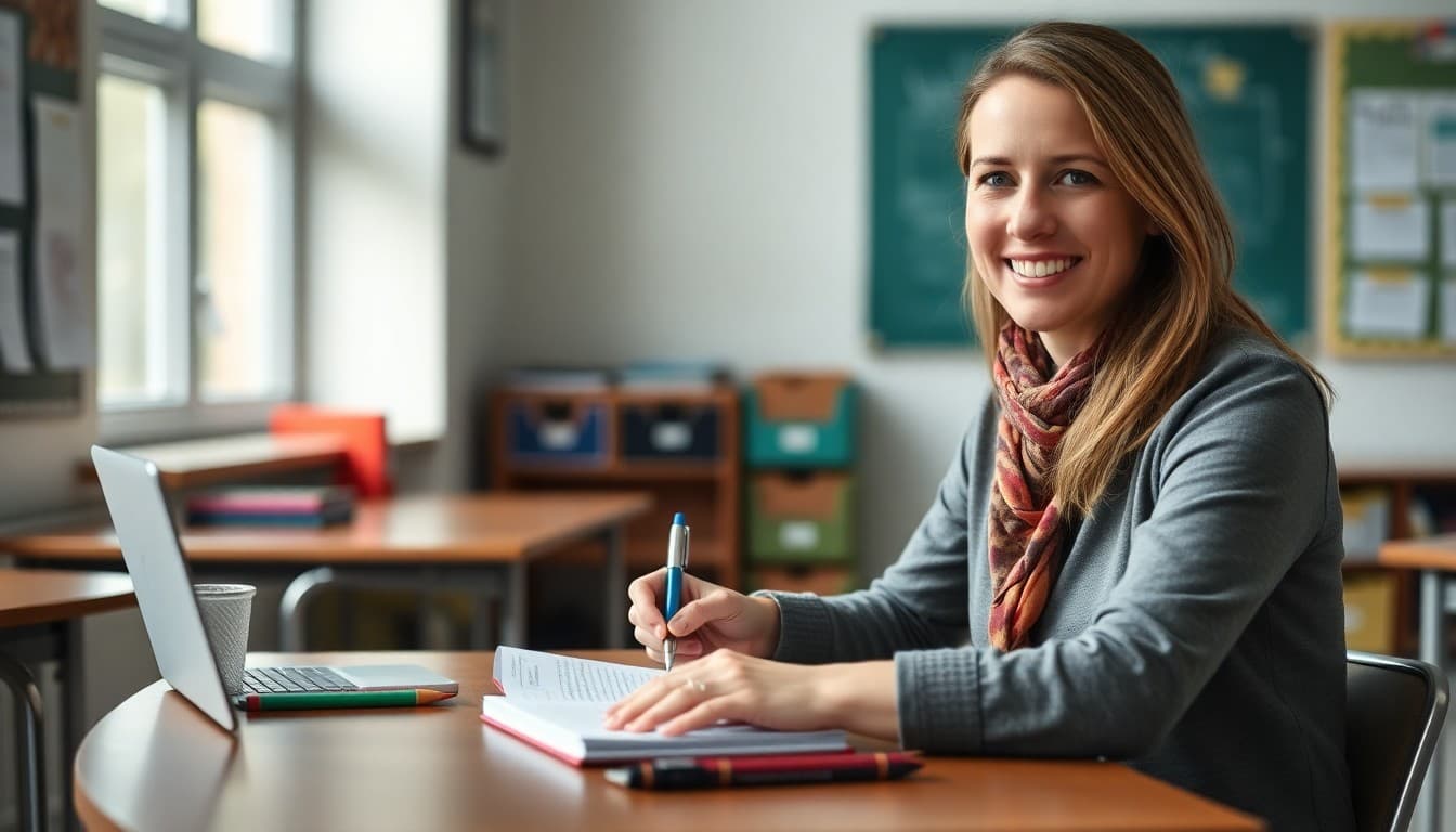 Teacher writing a classroom newsletter with a warm and approachable expression at a desk