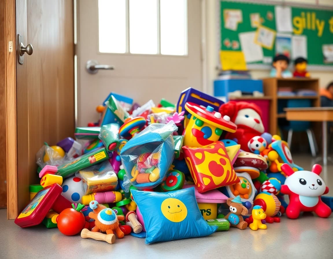 Colorful donated toys piled near a classroom door ready for pick-up