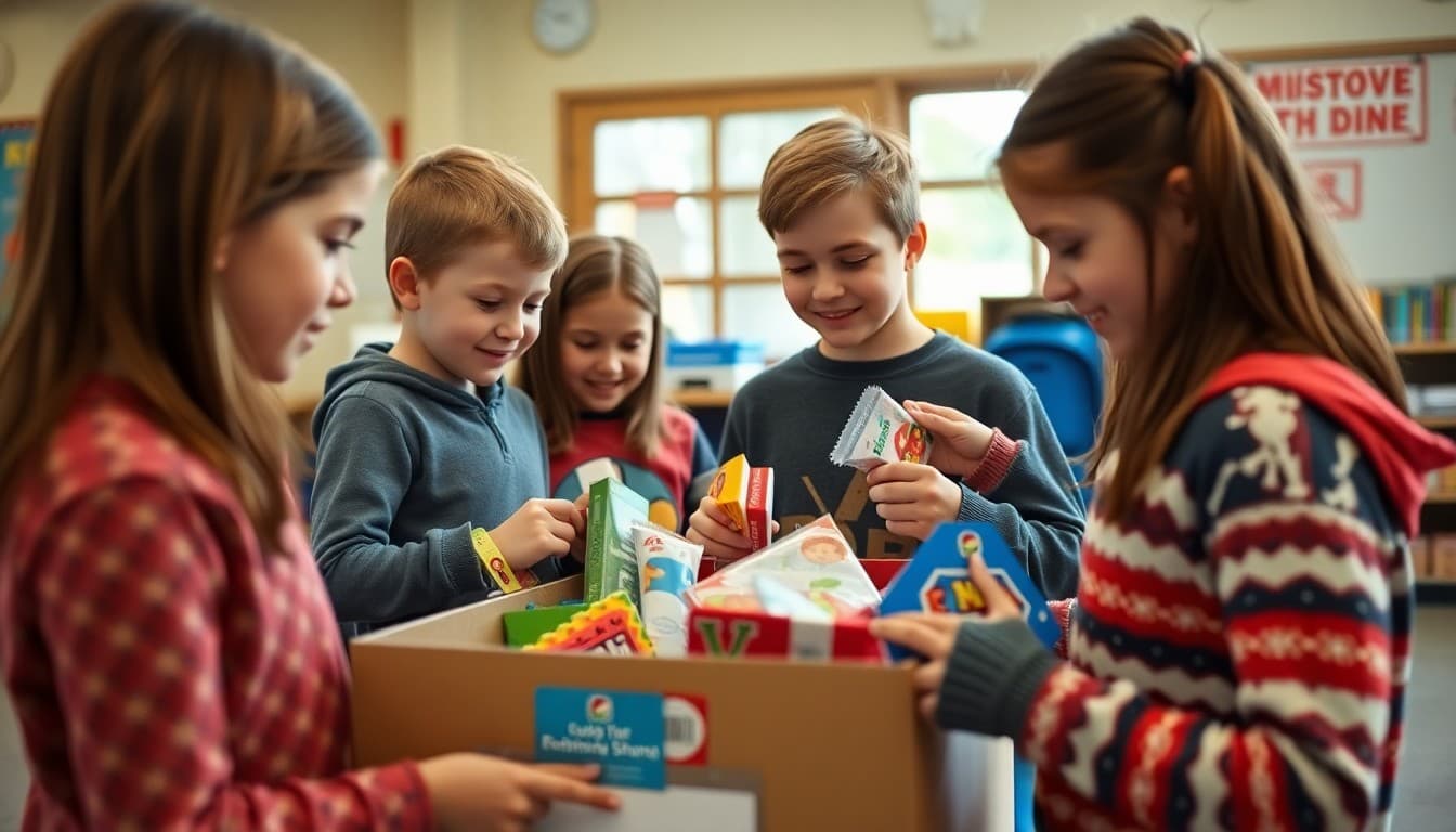 Students placing donated toys in a collection box during a school toy drive