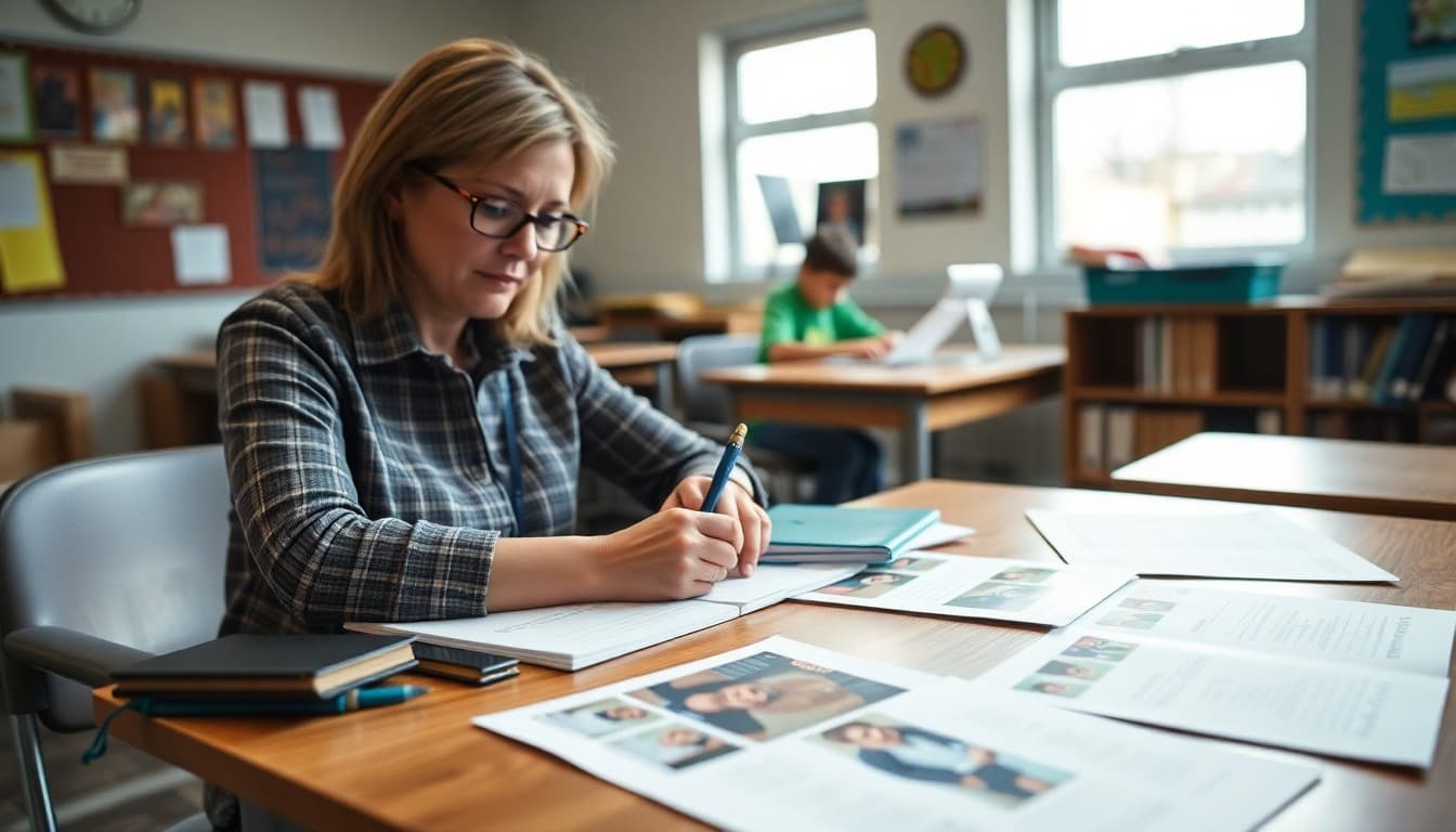 Teacher writing trimester progress notes with student portfolio samples spread on the desk