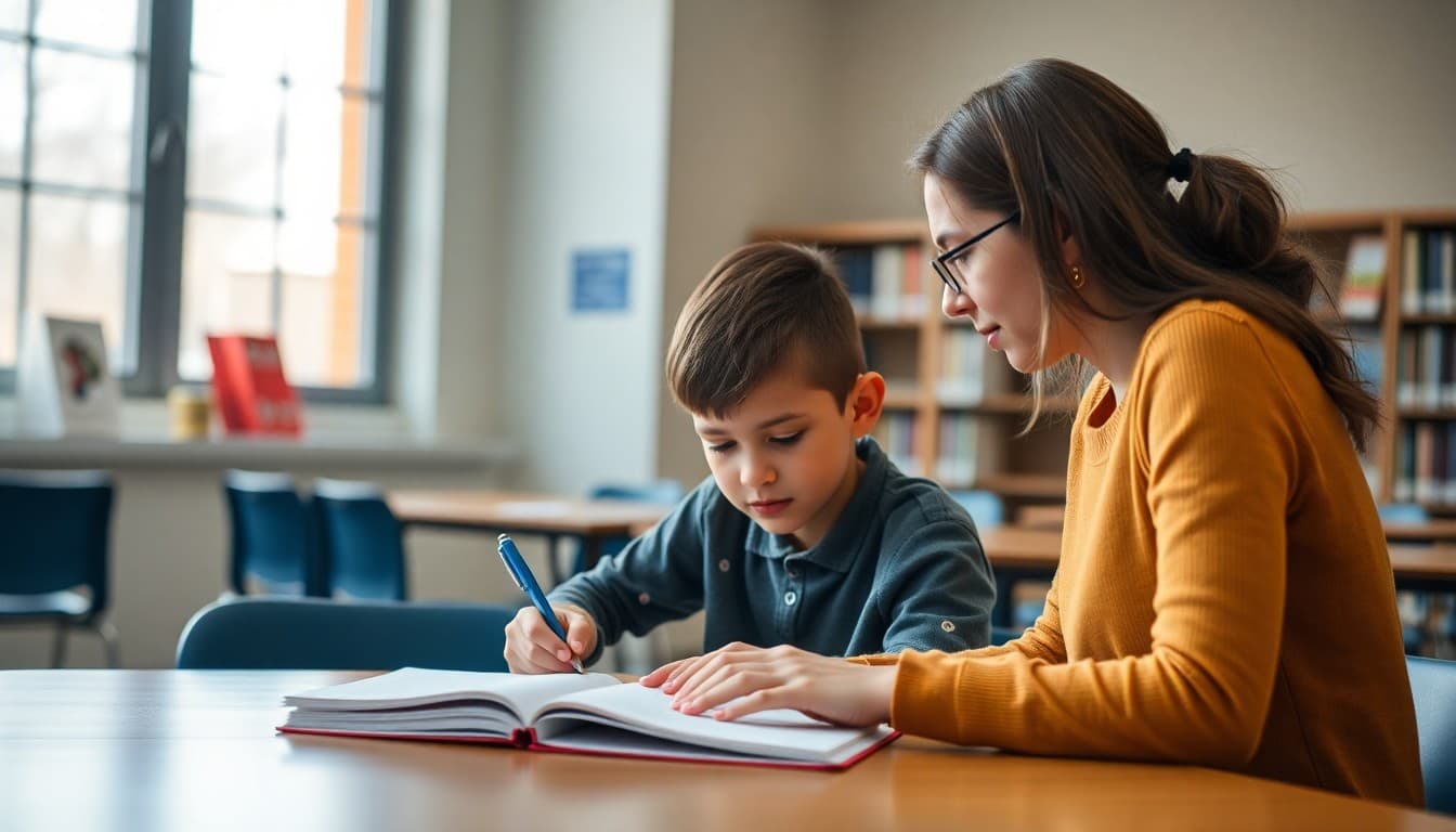 Student working with tutor on homework at a library table after school