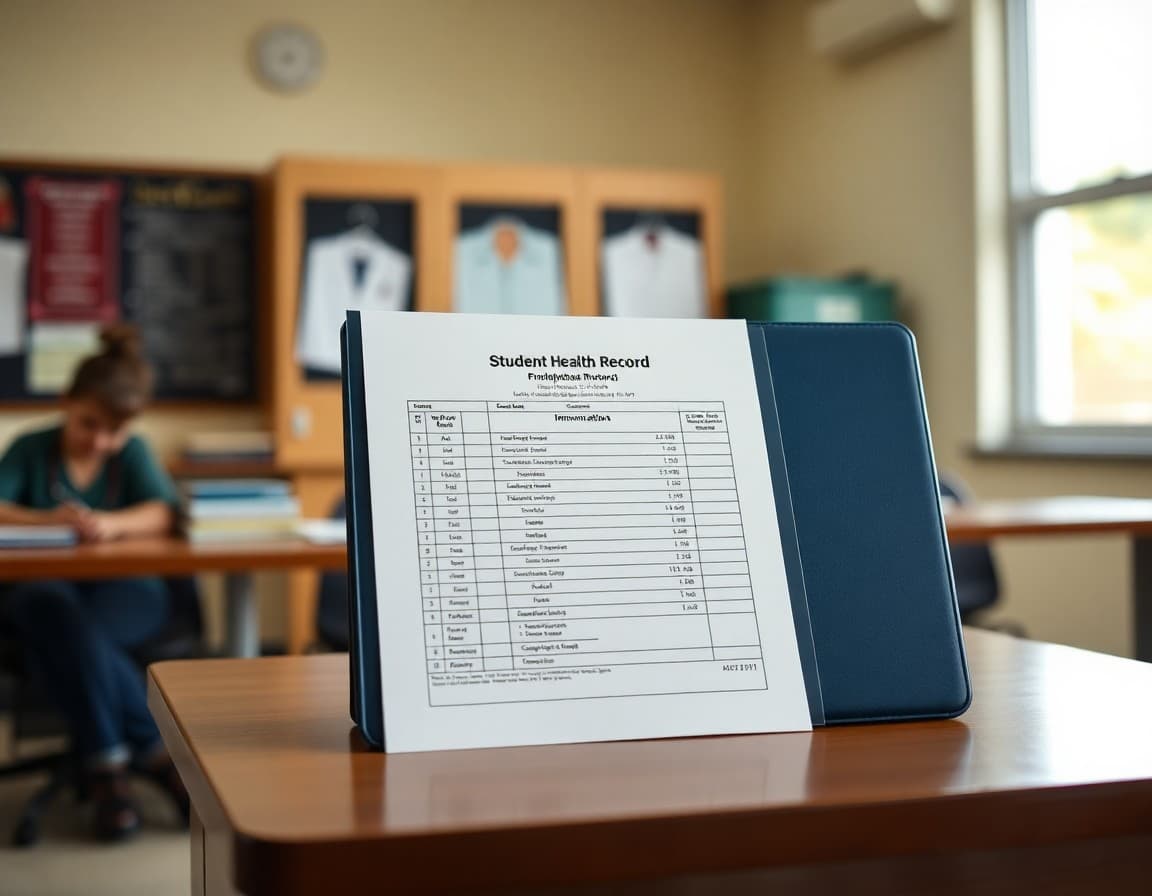 Student health record folder with immunization documentation on a clinic desk