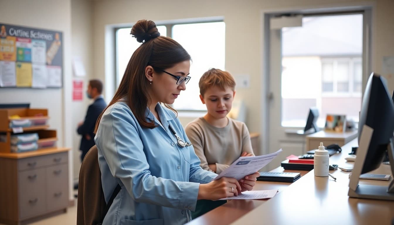 School nurse reviewing vaccination records with a parent at a front office desk