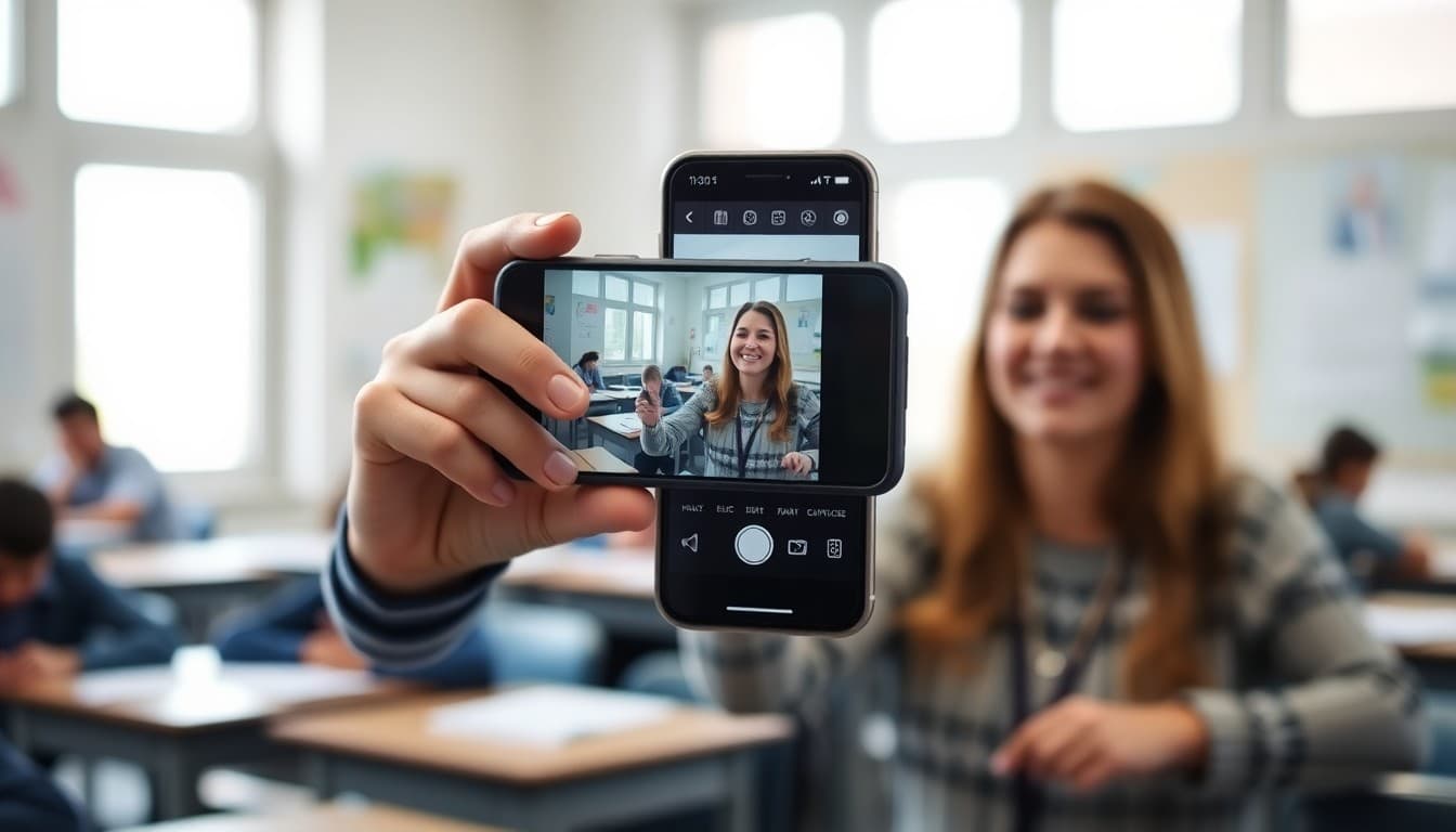 Teacher holding a phone recording a brief classroom video update with students working in the background