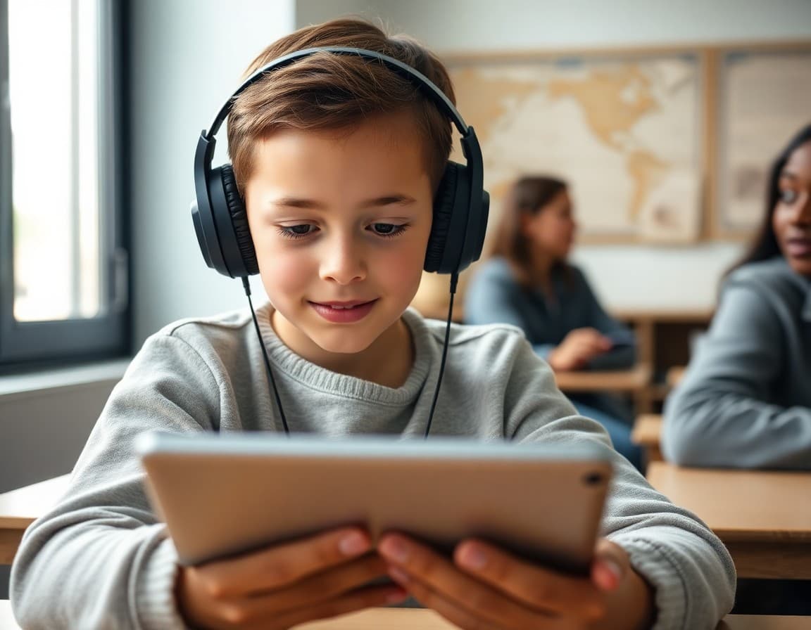 Student with headphones on engaged in a virtual museum tour on a tablet