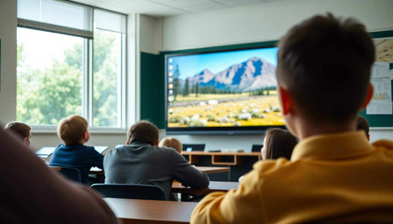 Students watching a virtual field trip to a national park on classroom screens