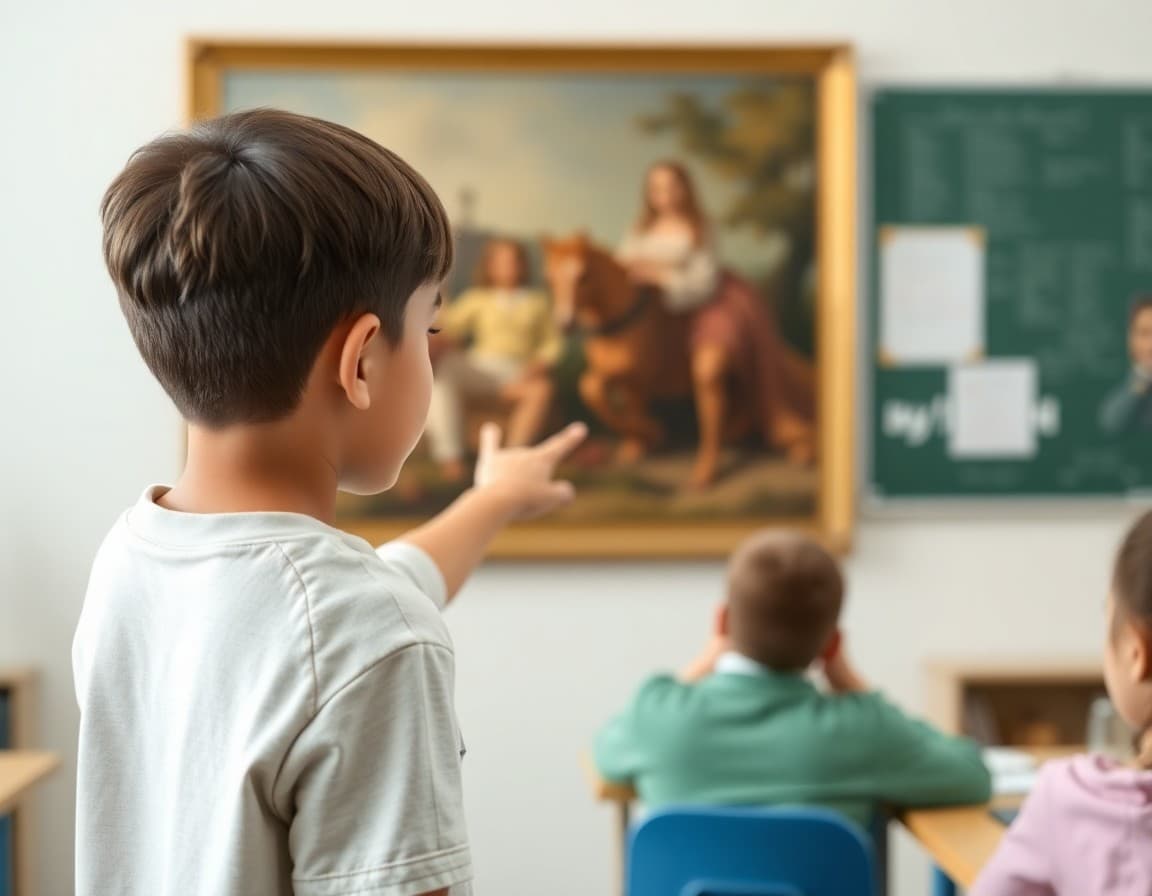 Student pointing at details in a painting during visual thinking class