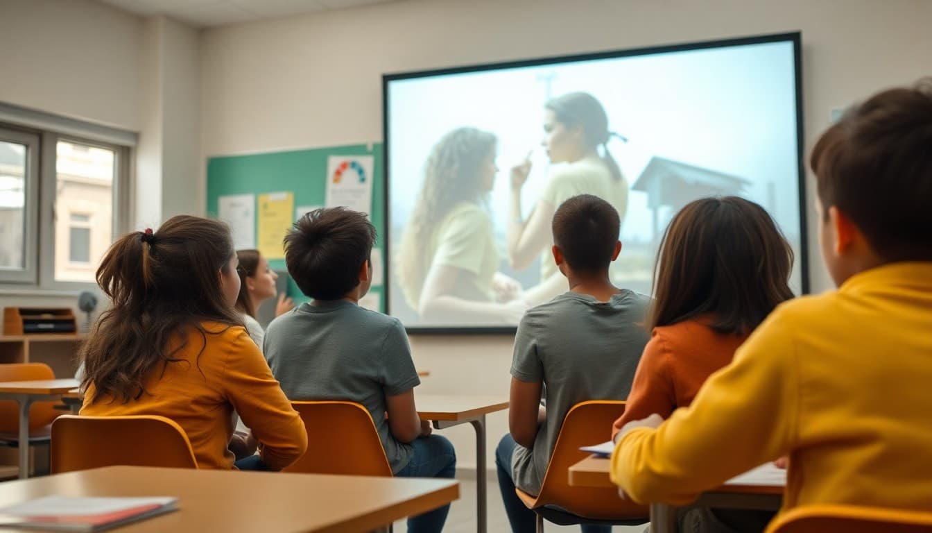Students discussing and analyzing a large artwork image projected in classroom