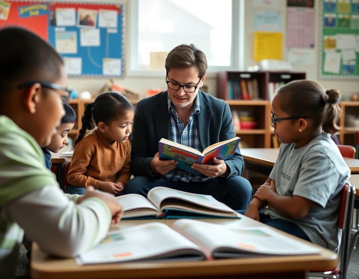 Volunteer sitting with a small reading group in an elementary classroom