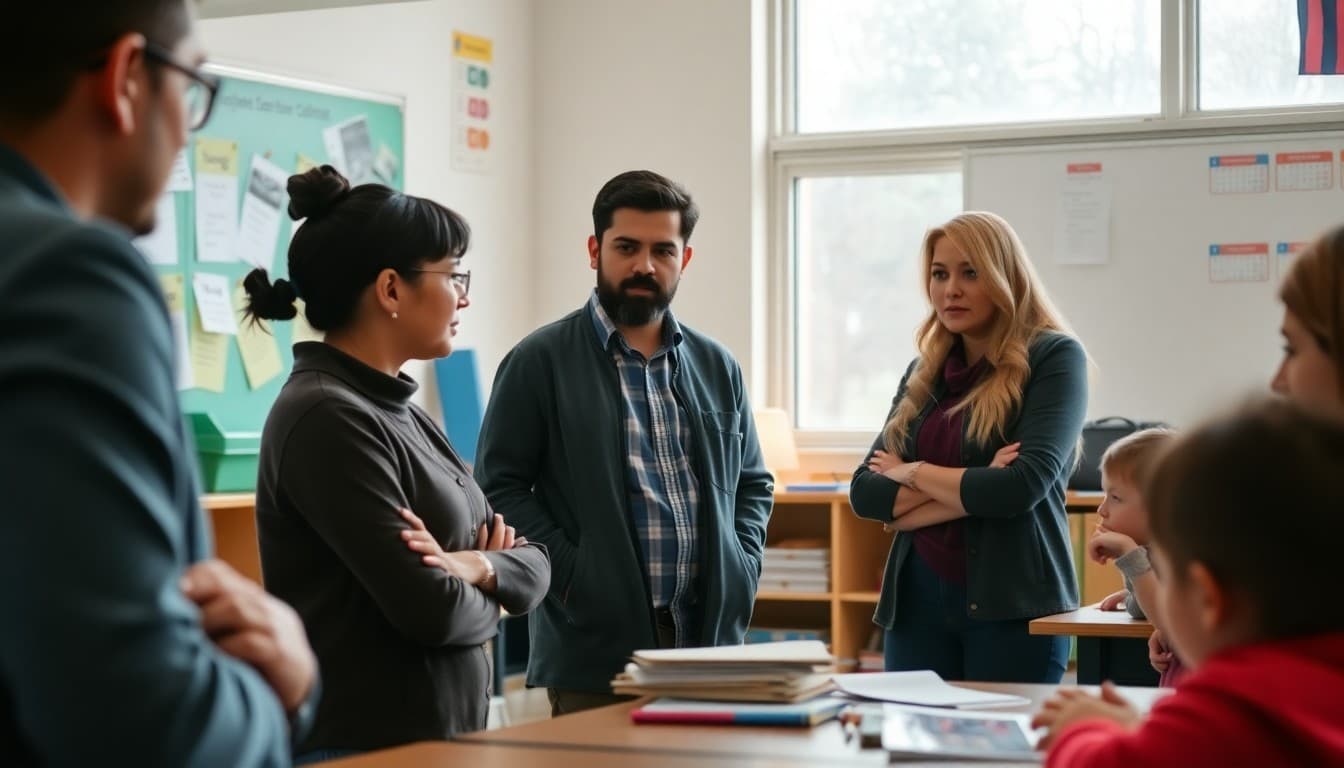 Parent volunteers being briefed by a teacher before helping in a classroom
