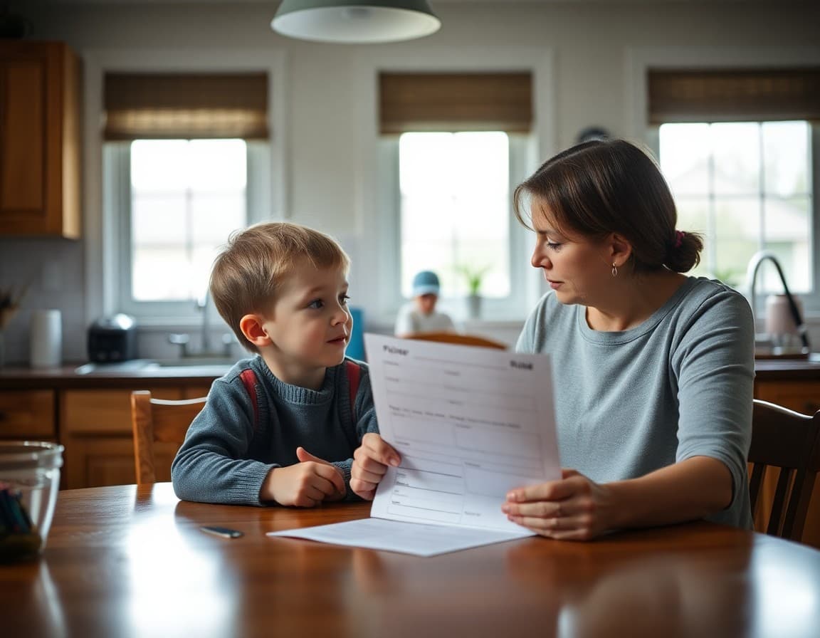 Child showing a pledge form to a parent at the kitchen table
