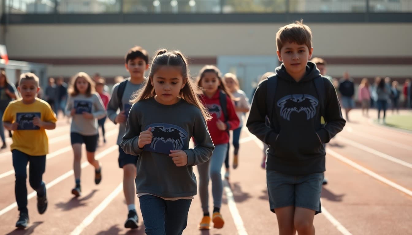 Students walking laps around a school track during a walk-a-thon fundraiser event
