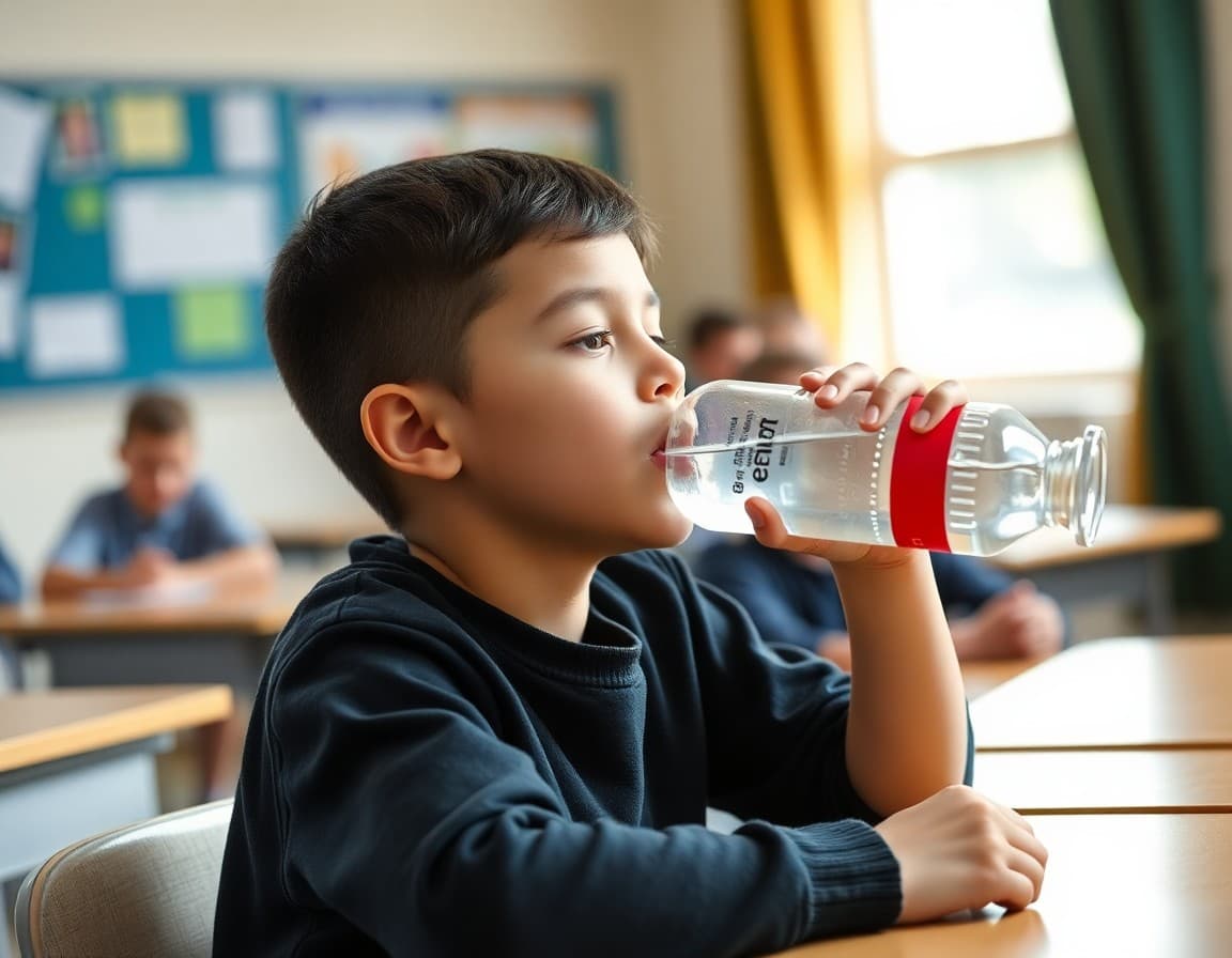 Student drinking from a reusable water bottle at their classroom desk