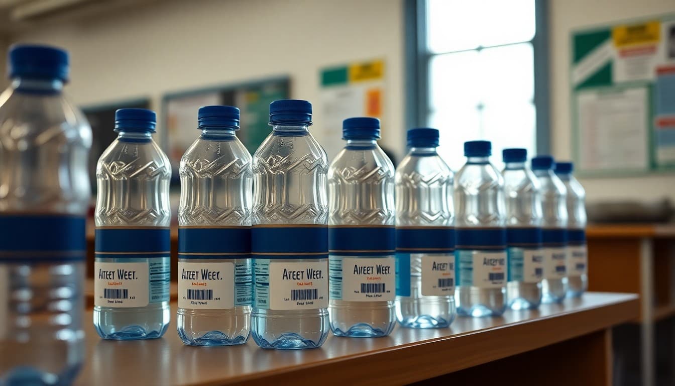 Row of labeled student water bottles lined up on a classroom shelf