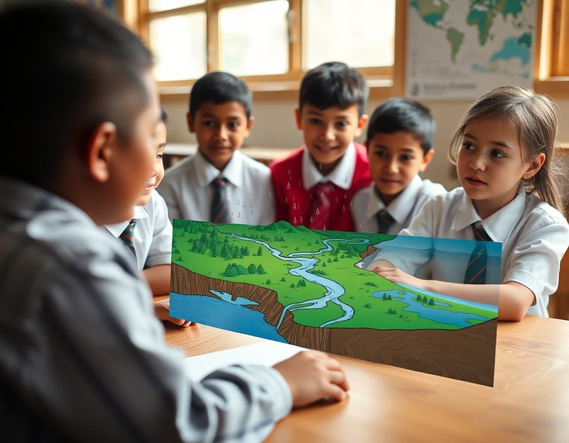 Watershed diagram showing how rain moves across land into rivers and eventually the ocean