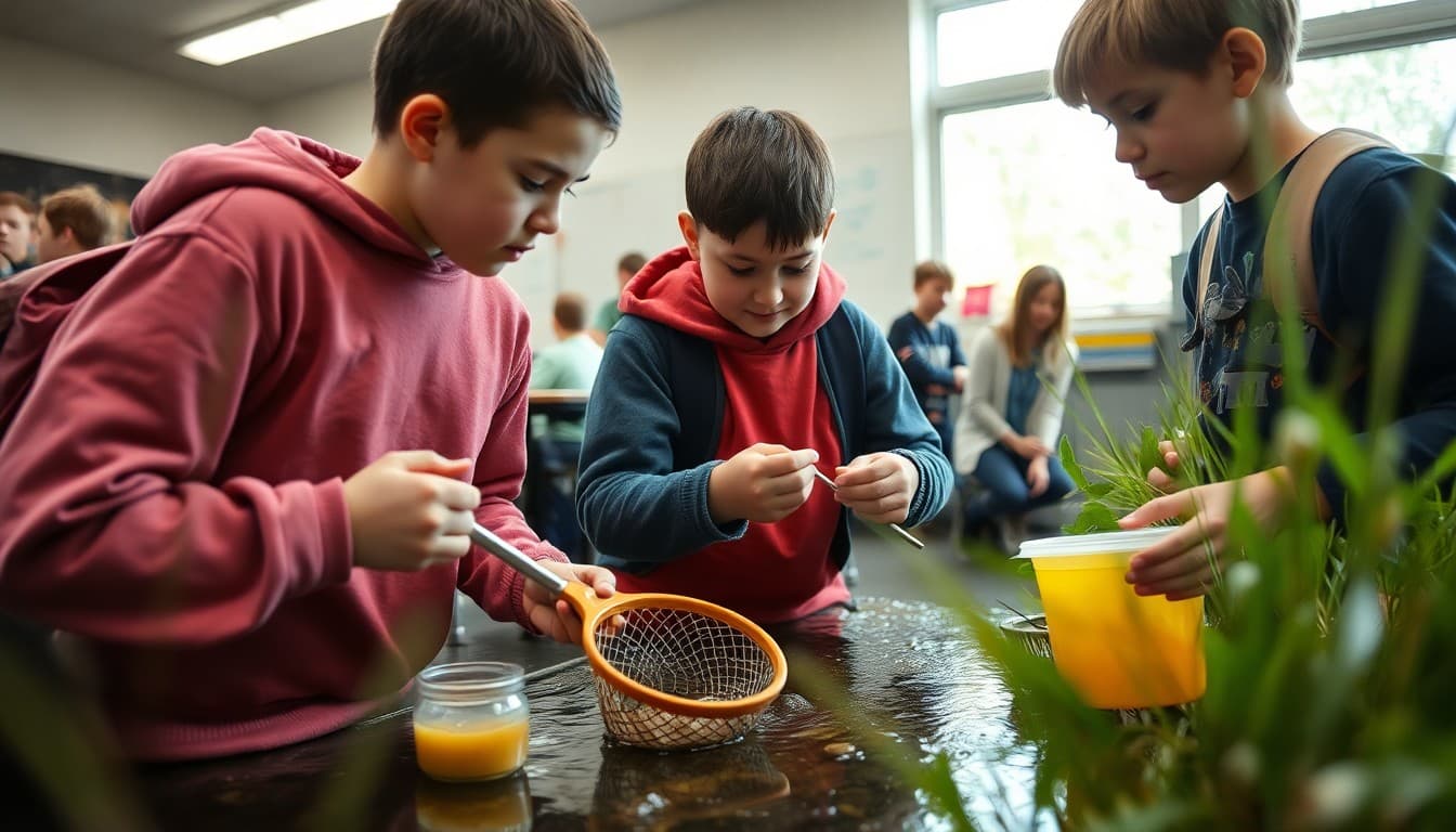 Students examining a stream sample with nets and collection containers during a watershed field study