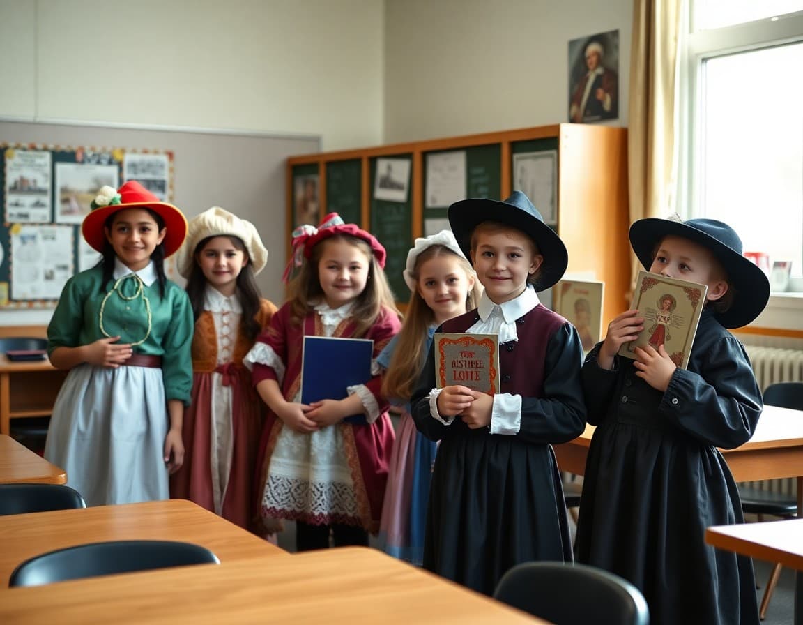 Students in varied historical costumes with display boards at a classroom wax museum