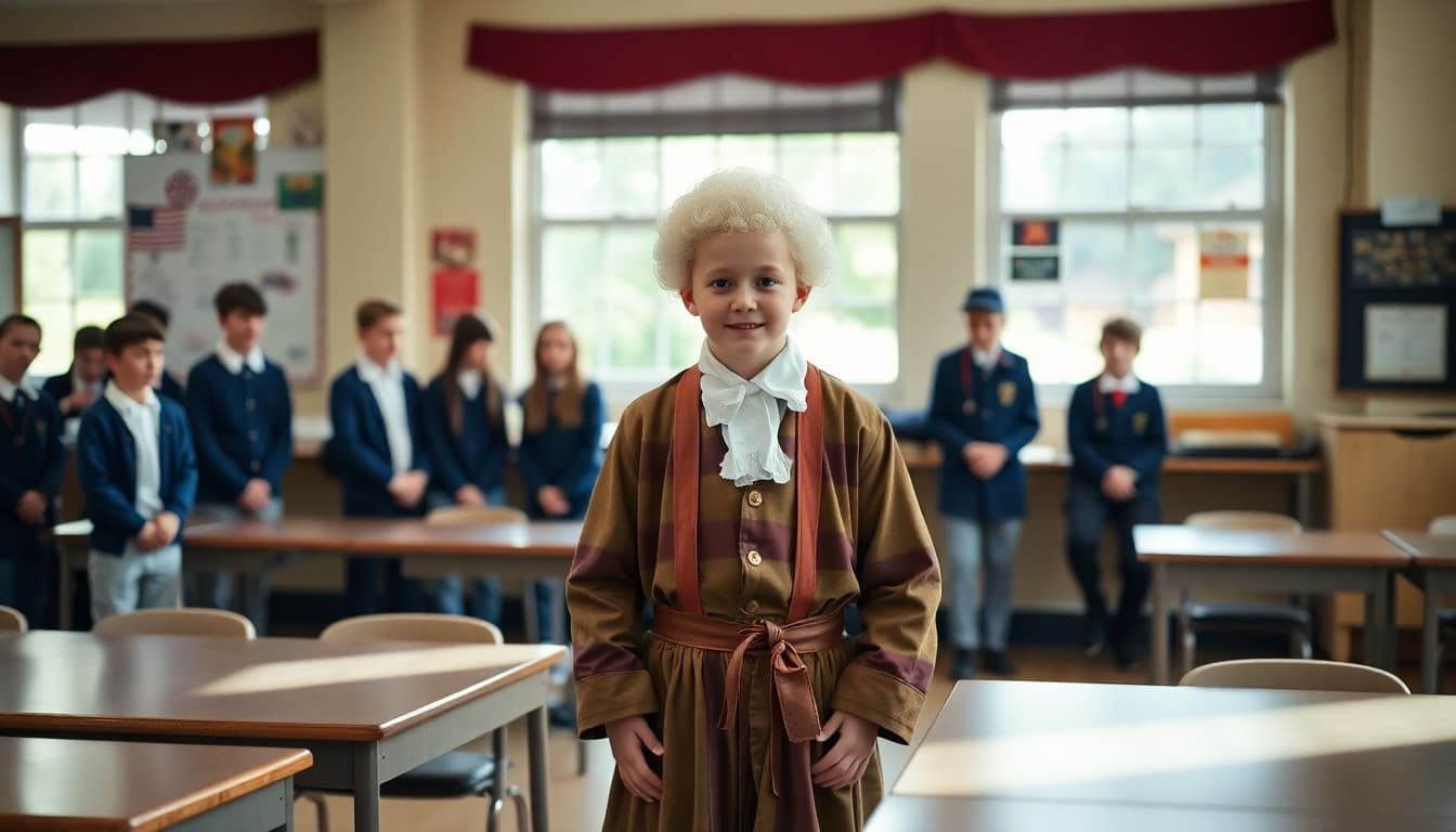 Student in costume standing still as a historical figure during a school wax museum event