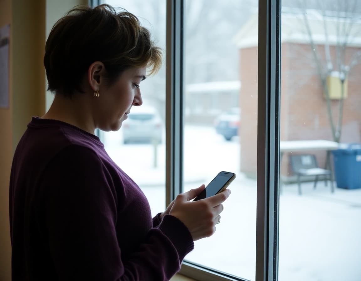 Parent reading school closure notification on phone while looking at snowy window