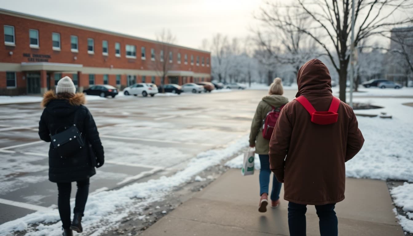 Snow covering school parking lot and walkway on a winter morning closure day