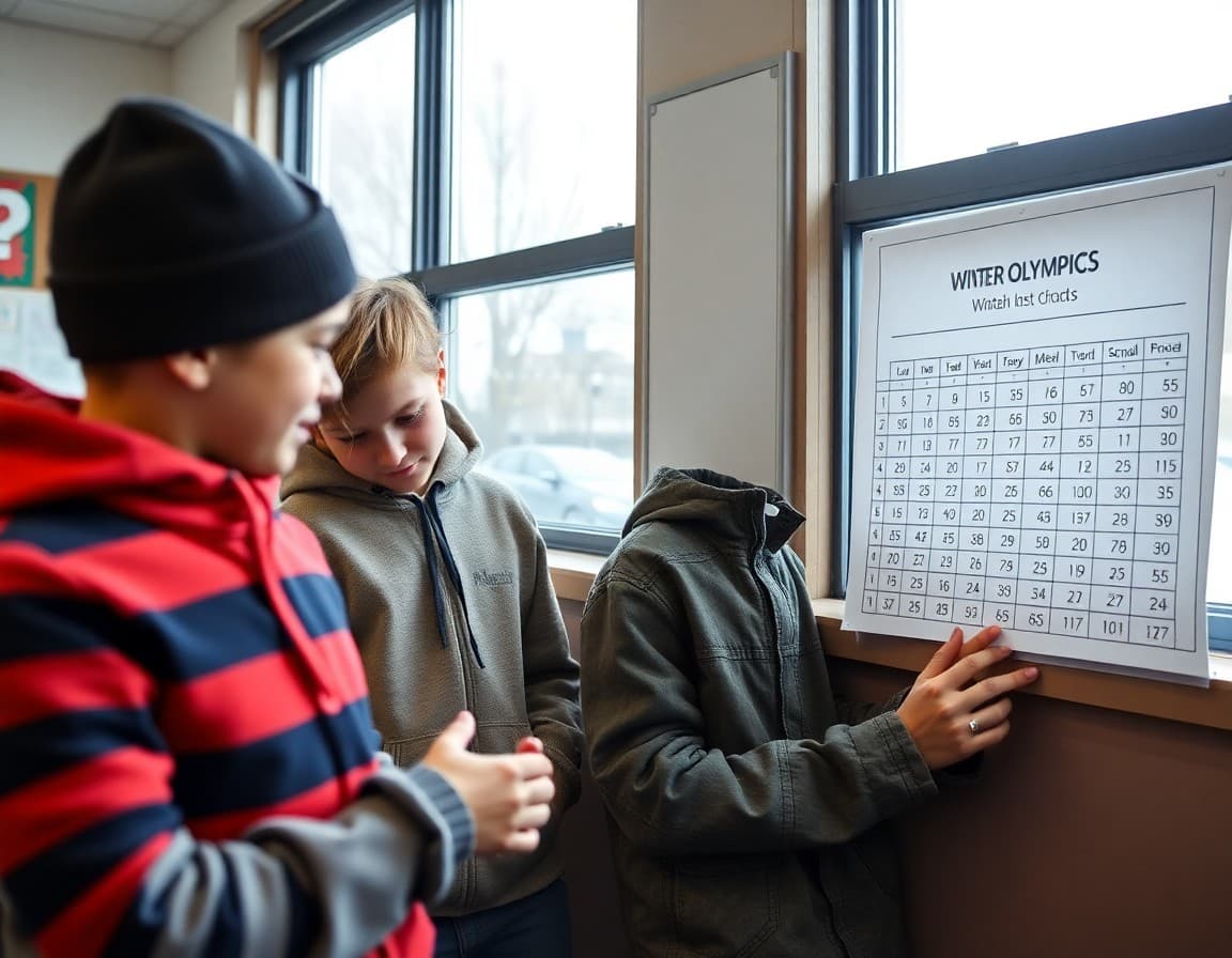 Students plotting Olympic medal counts on a data chart during a Winter Olympics math activity