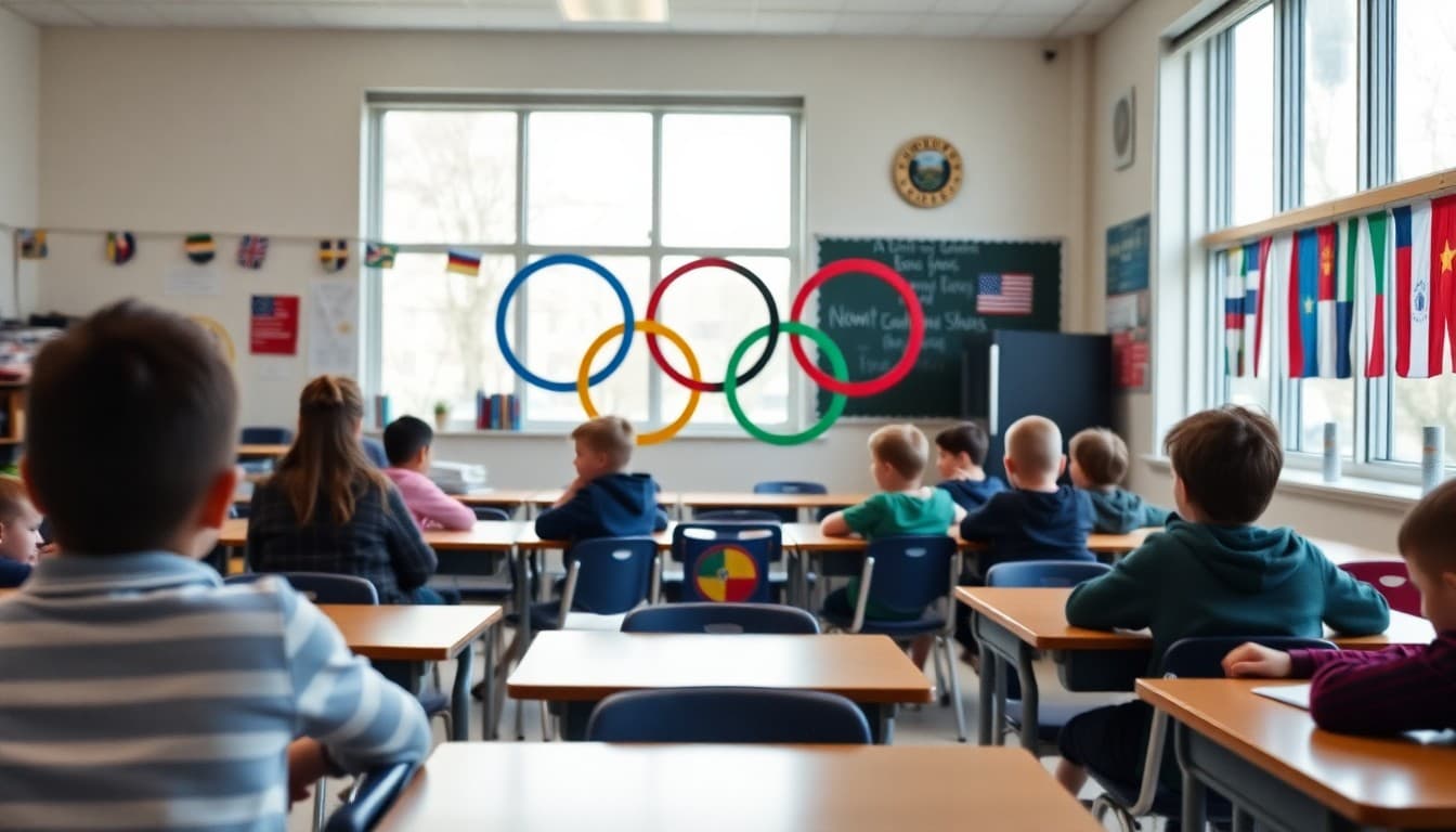 Classroom decorated with Olympic rings and country flags for a Winter Olympics unit