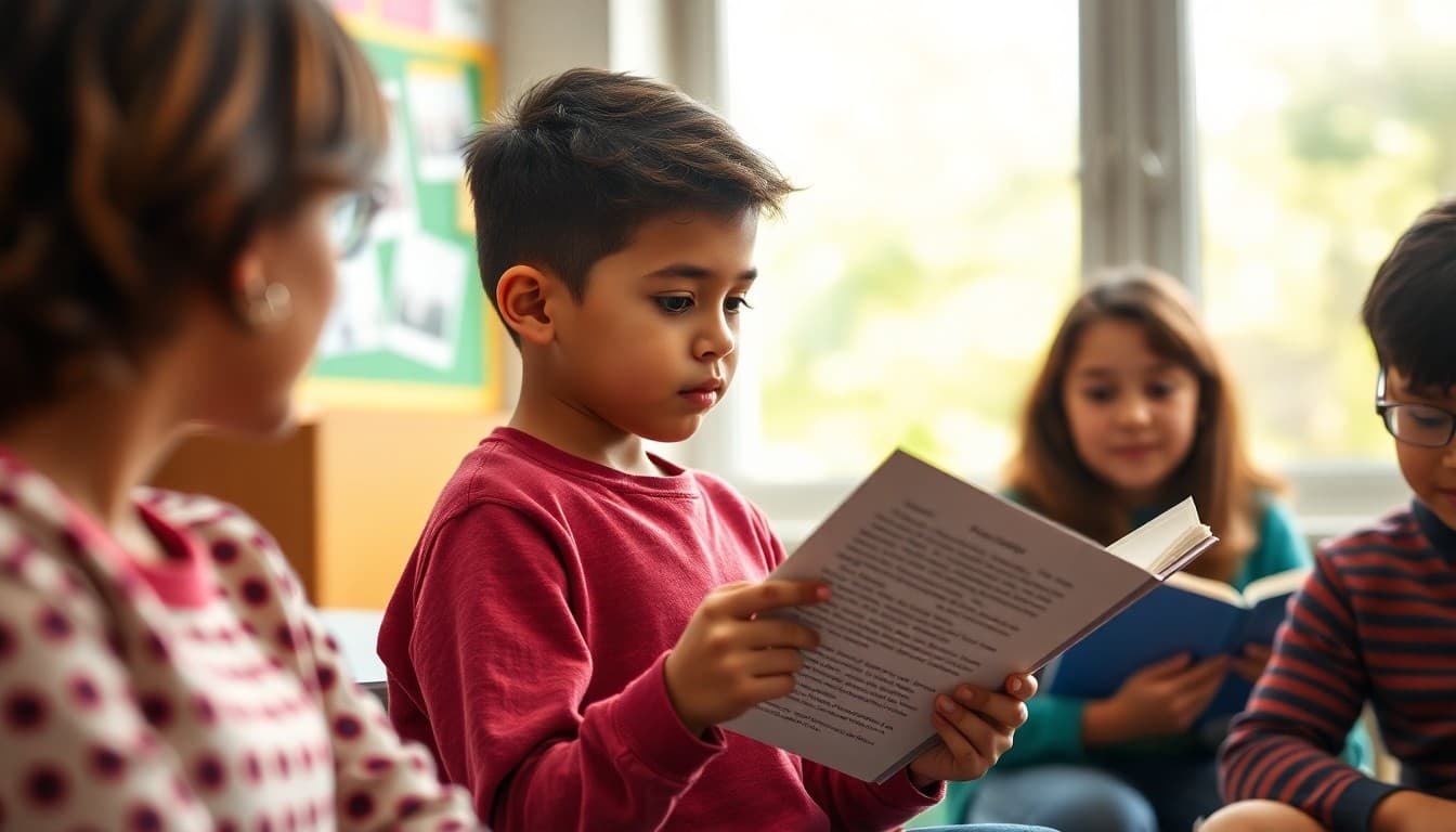 Student reading their published story aloud to parents at a classroom writers celebration