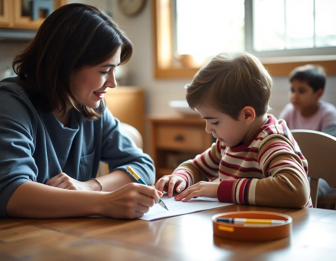 Parent watching child write a letter to a grandparent at the kitchen table